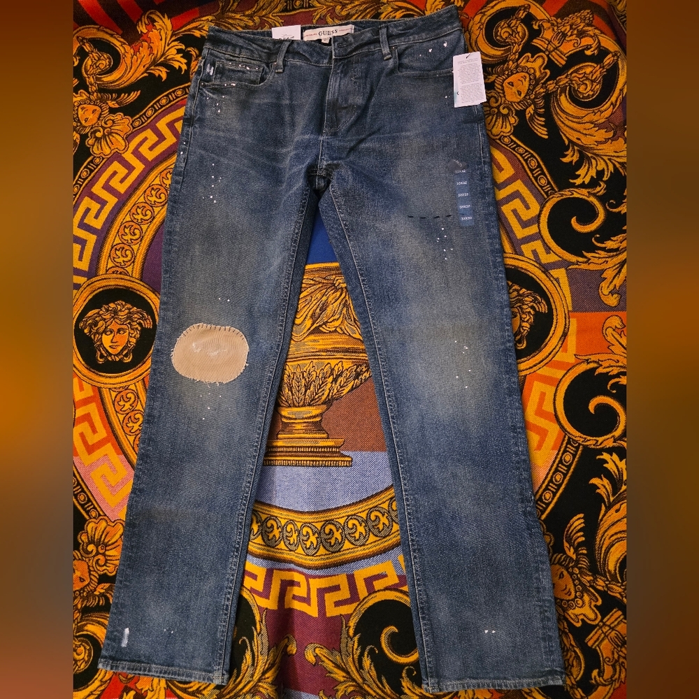 Guess Blue Straight Jeans with Tan Patch